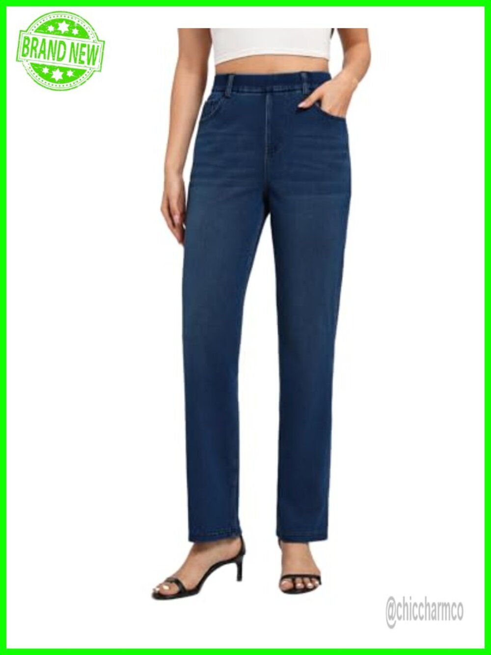 Women's Straight Leg Pull On Stretch Jeans High Waisted Comfort Denim Pants